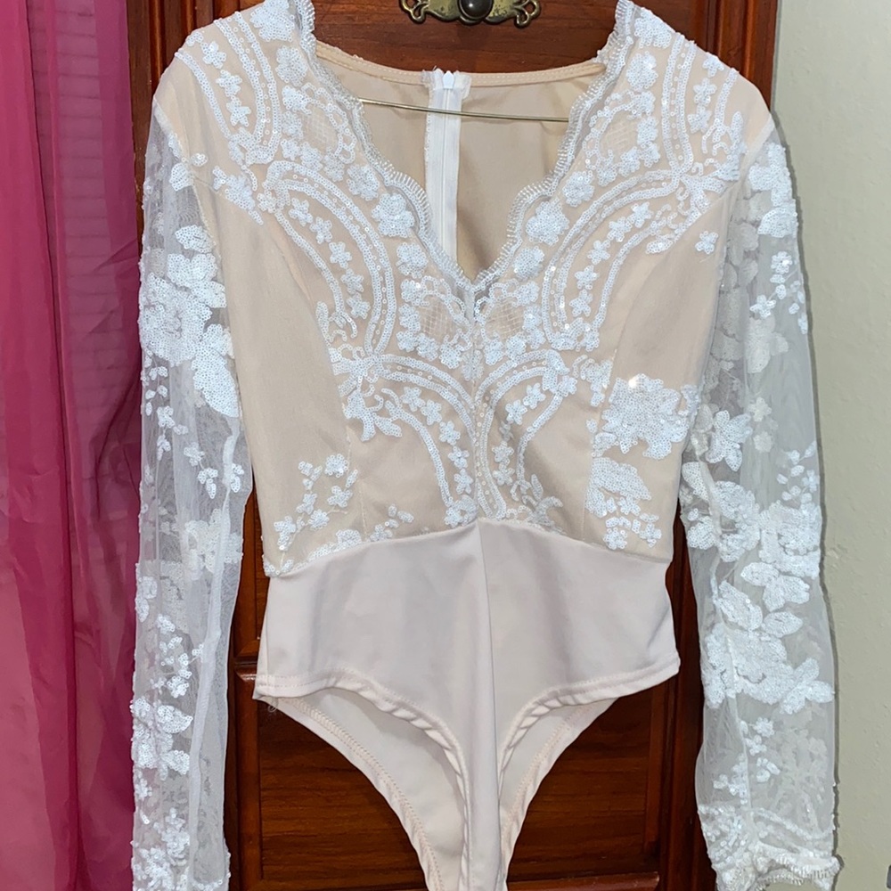 nude lingerie bodysuit with embroidery and lace